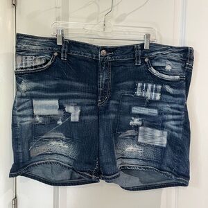 Silver Jeans Dark Indigo Patchwork Distressed Denim Shorts